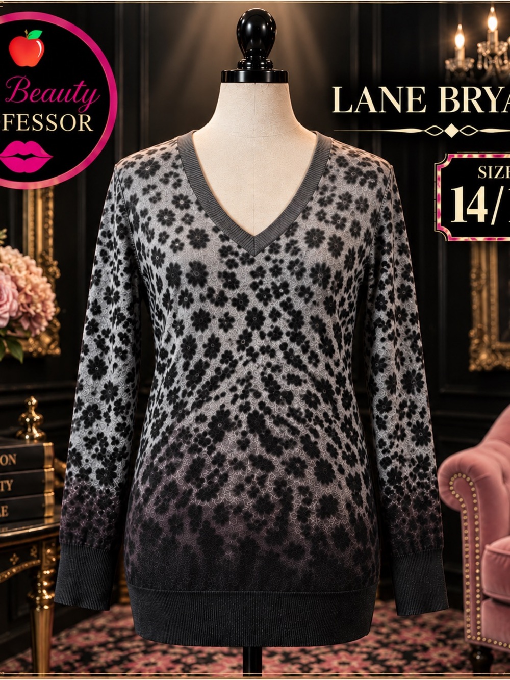 💕Lane Bryant Gray and Black Floral V-Neck Sweater 14/16